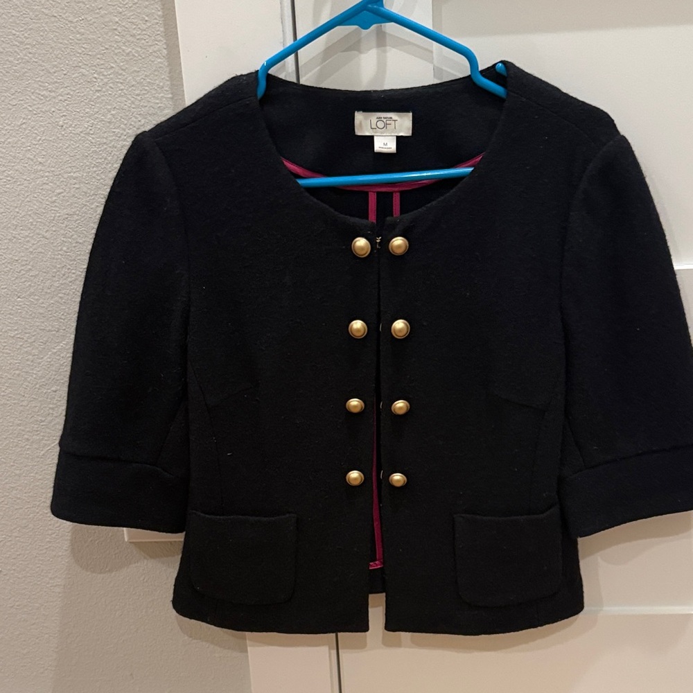 Ann Taylor LOFT Classic Black Short Sleeve Wool Jacket with Gold Button Accents